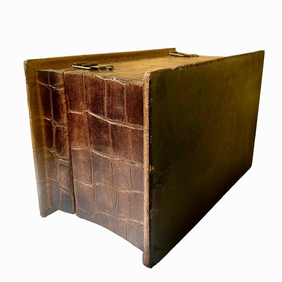 Vintage Hinged Wood Box Leather Overlay Felt Interior Metal Handle Trinket Jewel - Picture 9 of 14